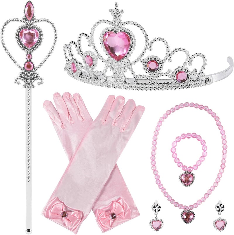 jayuwe 6 PCS Princess Dress Up Jewelry Set, Princess Crown Wand Gloves Necklace Earrings Bracelet for Girls Gifts Accessories - Image 1